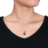 Tahitian Cultured Pearl And Diamond Accent Heart Drop Pendant With Chain In 10k White Gold
