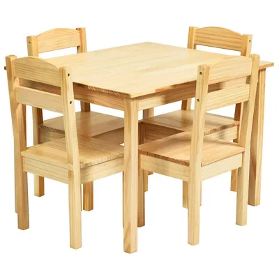 Kids 5 Piece Table Chair Set Pine Wood Children Play Room Furniture Natural