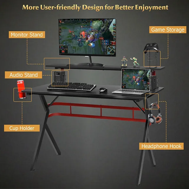 Goplus 45.5 Gaming Desk, Z Shaped Racing Game Table with Carbon Fiber  Surface, Mouse Mat, Headphone Hook, Cup Holder, Game Handle Rack, Ergonomic  Home