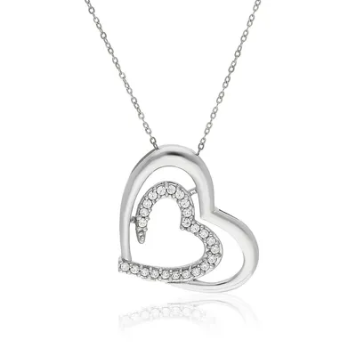 10kt 18" Heart Inside Heart With Cubic Pendant White Necklace