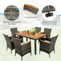 7pcs Patio Rattan Dining Set Acacia Wood Table Cushioned Chair Mix Gray