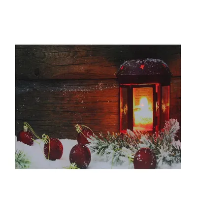 Led Lighted Candle Lantern In The Wintry Outdoors Christmas Canvas Wall Art 12" X 15.75"