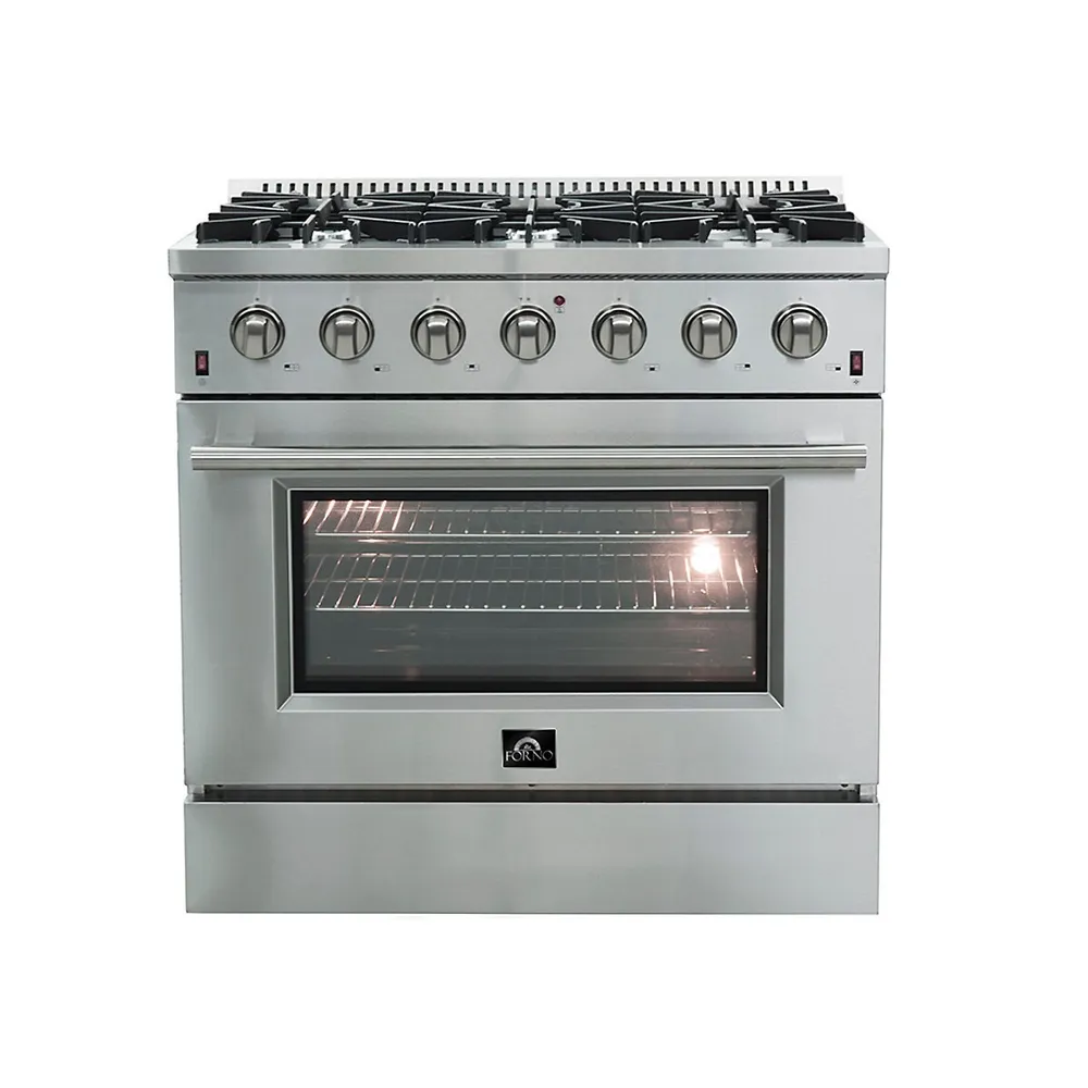 Galiano Full Gas 36" Inch. Freestanding Range With 6 Sealed Burners Cooktop - 5.36 Cu. Ft. Convection Oven Capacity - Stainless Steel Heavy Duty Cast Iron Grates - FFSGS6244-36