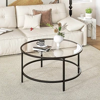 36" Round Coffee Table Tempered Glass Tabletop Metal Frame Living Room