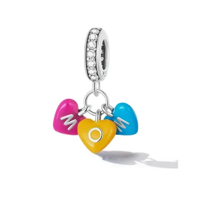 Sterling Silver Multi Colored Mom Hearts Danging Charm