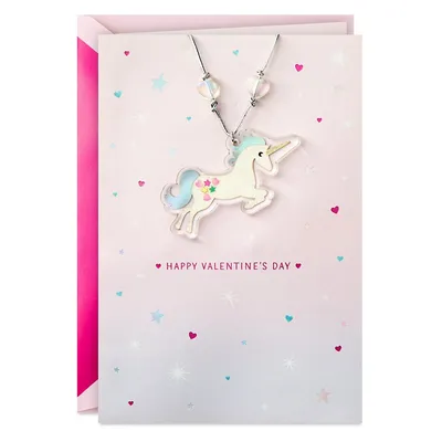 Signature Valentines Day Card For Kids (Removable Unicorn Necklace)
