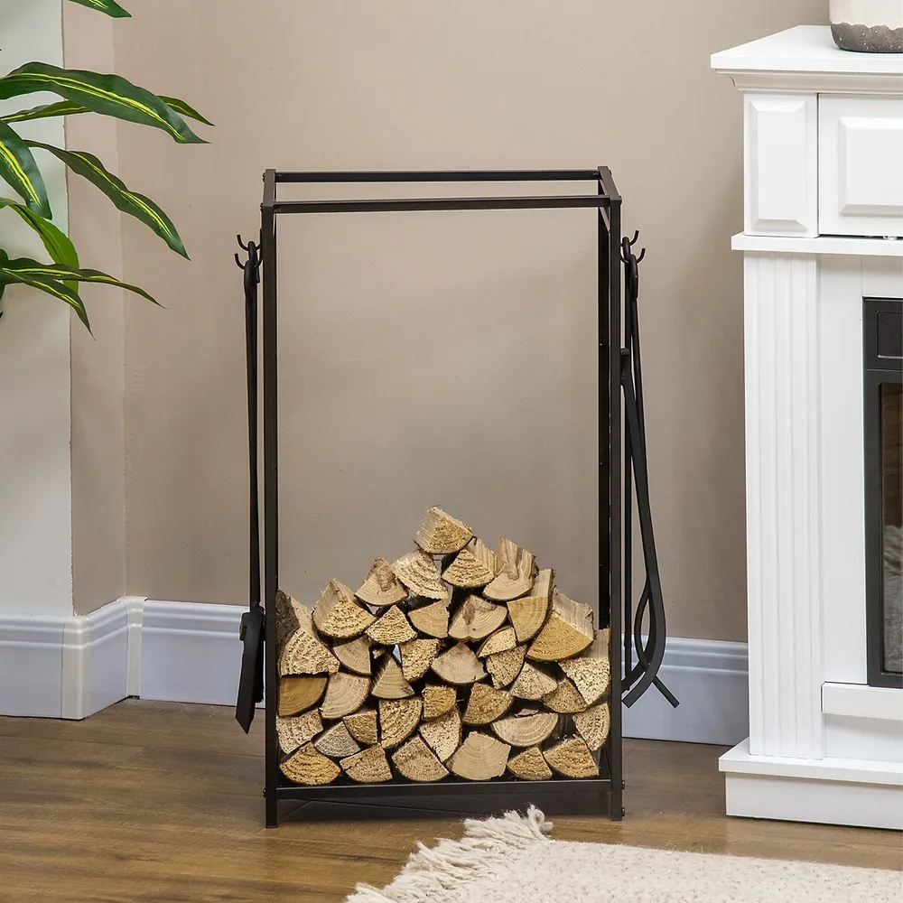 HOMCOM Outdoor Indoor Firewood Rack With 4 Tools, Log Holder, Black |  Yorkdale Mall