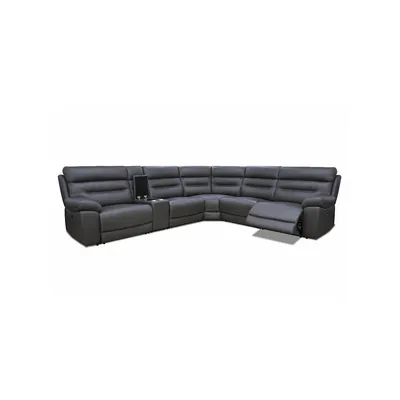 Aura Corner Sectional Sofa With Console And Power Recliners In Charcoal Faux Leather