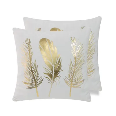 Christmas Icons Throw Pillow, 100% Polyester Velour Foil Print Feather - Size 18 X 18 Inches - Color Gold On White Velour Base- With Poly Insert - Set Of 2