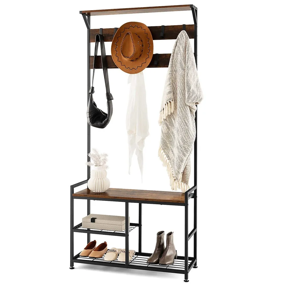 Costway 3-in-1 Coat Rack Industrial Hall Tree Shoe Bench Entryway Storage  Shelf With Hooks