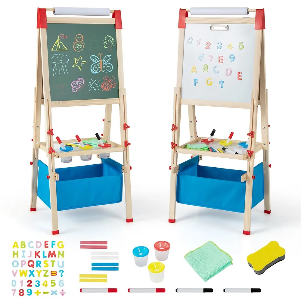 Costway 3-In-1 Kids Art Easel with Stool Magnetic Dry-Erase Board with Book  Rack Green