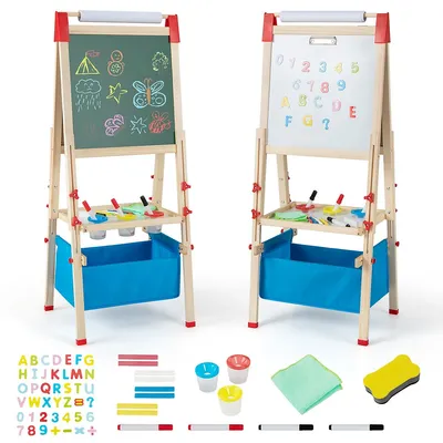 3-in-1 Kids Art Easel Double-sided Wooden Adjustable Magnetic Drawing Board