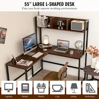 55"l-shaped Desk Corner Computer Writing Workstation Table W/hutch Teak