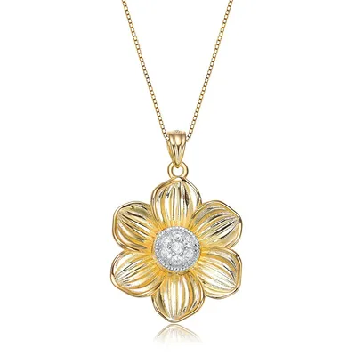 14k Yellow Gold Plated Flower Shaped White Cubic Zirconia Pendant Necklace