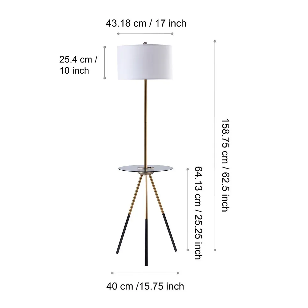 Teamson Home Tripod Floor Lamp Usb Port & Glass Table Brass White Myra