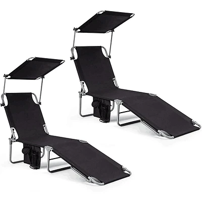 2 Pcs Foldable Sun Shading Lounge Chair Adjustable Beach Sunbathing Recliner Black