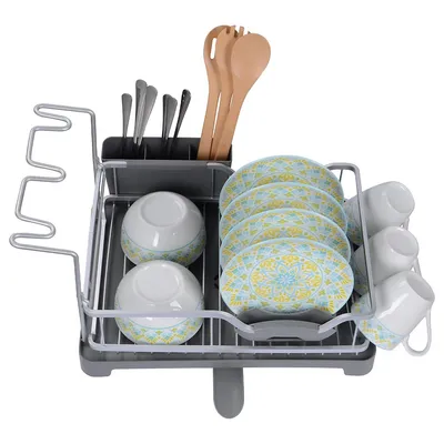 Aluminum Dish Rack Design With Cutlery Holder, Wine Glass Holders And 360° Swivel Spout