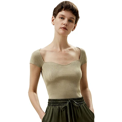 Sweetheart Neck Ribbed Silk Knit Top For Women