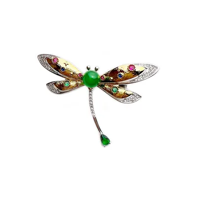 Green Chalcedony Jade And Crystal Dragonfly Gold Brooch