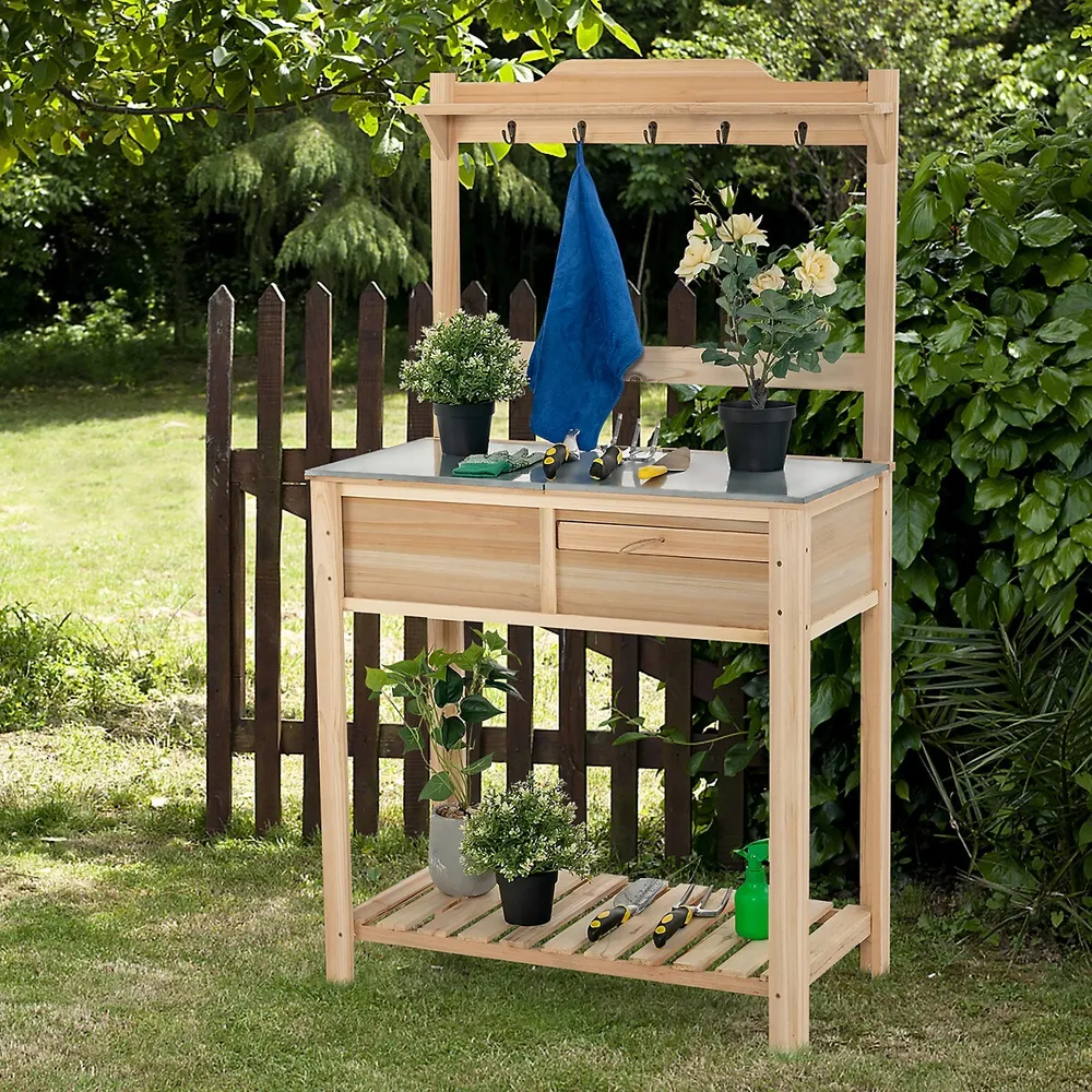 Outdoor Garden Potting Bench Table Wooden Work Station W/metal Top Open Shelf