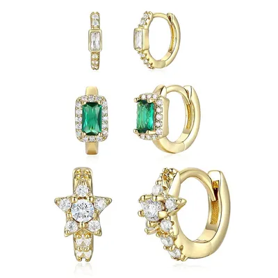 14k Gold Plated With Emerald Cubic Zirconia Halo Star 3-piece Hoop Earrings Set