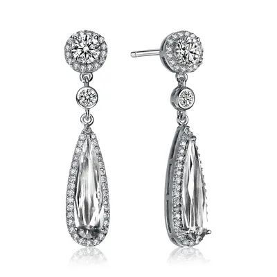 Sterling Silver White Gold Plating With Clear Cubic Zirconia Teardrop Earrings