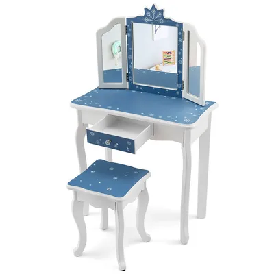 Kid Vanity Set Wooden Makeup Table Stool Tri-folding Mirror Snowflake Print