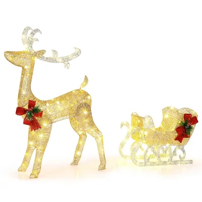 Lighted Christmas Reindeer & Sleigh, Outdoor & Indoor Decoration W/ 100 Lights