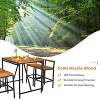 5pcs Patio Rattan Bar Table Stool Set Acacia Wood Top W/umbrella Hole