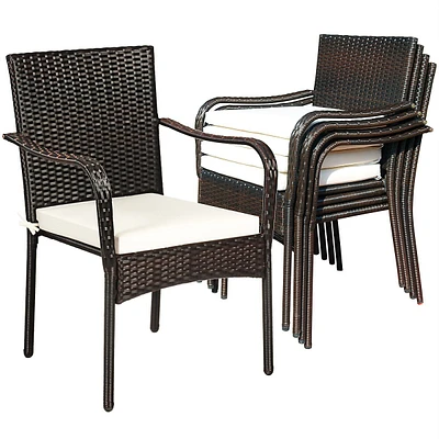 Set Of 4 Patio Rattan Dining Chair Stackable Cushioned Armrest Garden