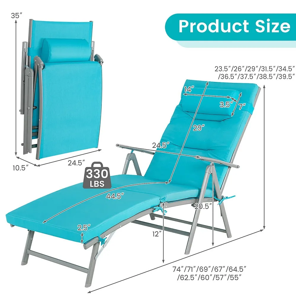 Outdoor Folding Chaise Lounge Chair Recliner Cushion Pillow Adjustable Turquoise