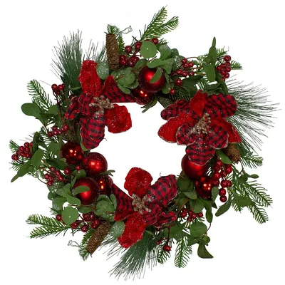 Magnolia And Red Berries Artificial Christmas Wreath - 22-inch, Unlit