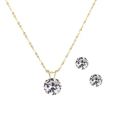10kt Gold 18" With Round Cz Necklace And Earrings Set