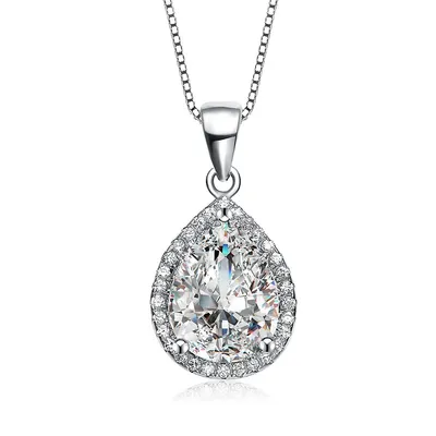 Sterling Silver White Gold Plating With Clear Cubic Zirconia Teardrop Shaped Pendant Necklace