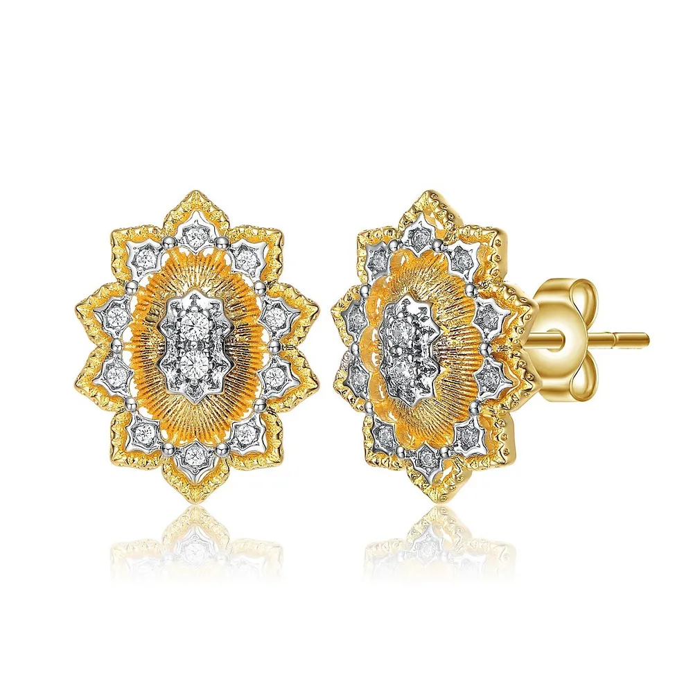 14k Yellow Gold Plated With Clear Cubic Zirconia Floral Stud Earrings