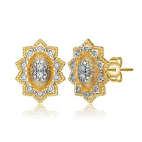 14k Yellow Gold Plated With Clear Cubic Zirconia Floral Stud Earrings