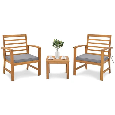 3 Pcs Outdoor Furniture Set Acacia Wood Conversation With Soft Seat Cushions