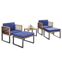 5pcs Patio Acacia Wood Cushioned Chair Ottoman Table Furniture Set Outdoor Navy