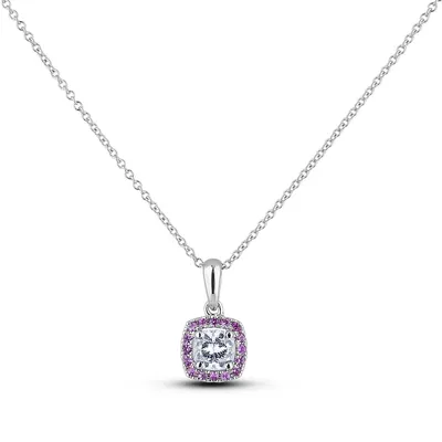 18k White Gold 0.49 Ct Forevermark Diamond & 0.16 Cttw Pink Sapphire Halo Style Pendant And Chain