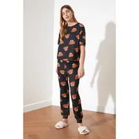 Women Plain Medium Knitted T-shirt-trousers Pajama Set