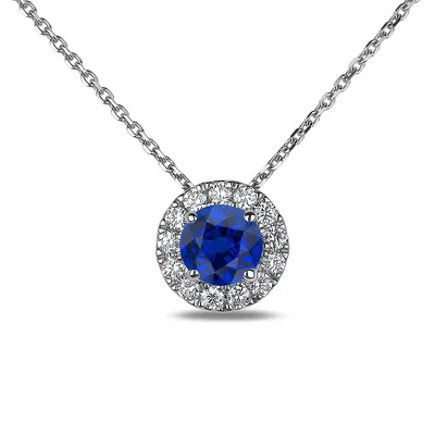 925 Sterling Silver Sapphire & 0.10 Cttw Canadian Diamond Halo Pendant And Chain