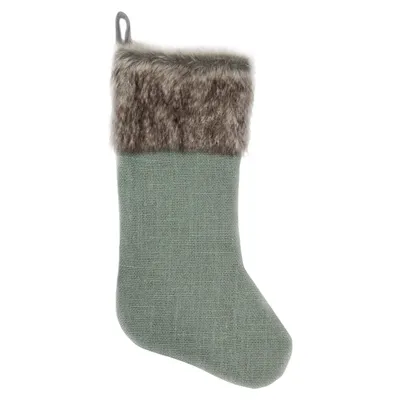 20" Green Burlap Christmas Stocking With Faux Fur Cuff