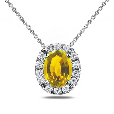 White Gold Natural Gemstone & Canadian Diamond Halo Style Pendant Chain Necklace