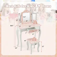 Kid Vanity Set Wooden Makeup Table Stool Tri-folding Mirror Zebra-stripe Pink