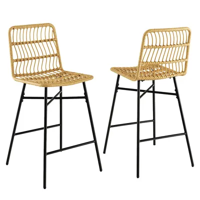 Set Of 2 Rattan Bar Stools Counter Height Dining Chairs With Metal Legs Natural