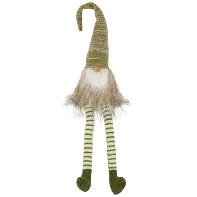 29" Green And Beige Sitting Gnome With Knitted Hat And Dangling Legs Christmas Figure