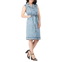 Women's Belted Denim Pocket Midi Dress