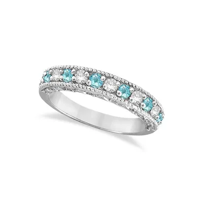 Diamond And Aquamarine Band Filigree Design Ring 14k White Gold (0.60ct)