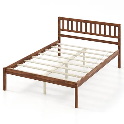 Twin/full Platform Bed With Headboard Solid Wood Leg Mattress Foundation Walnut