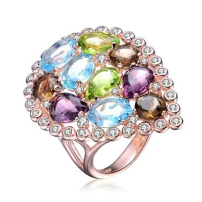 Sterling Silver 18k Rose Gold Plating With Multi Colored Cubic Zirconia Cocktail Ring